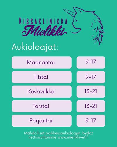 Aukioloaikamme ovat seuraavat:

Maanantai klo 9-17
Tiistai k...